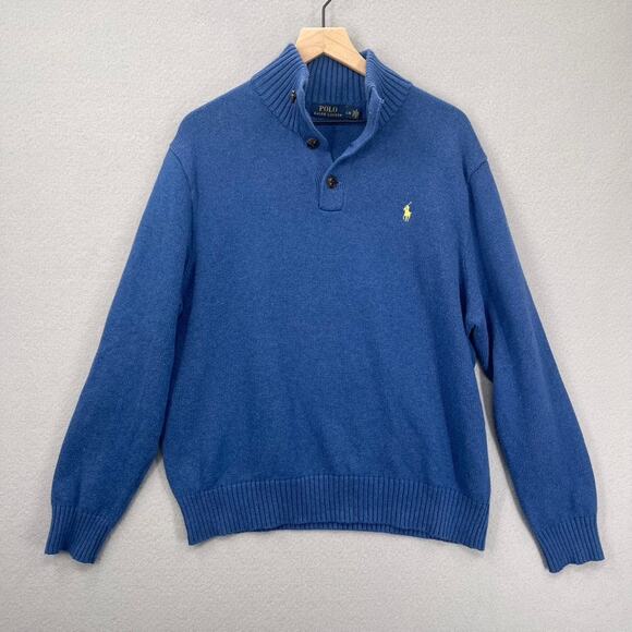 Polo Ralph Lauren Pullover Sweater Mens Lg Blue Jumper Knit Cotton Button Preppy